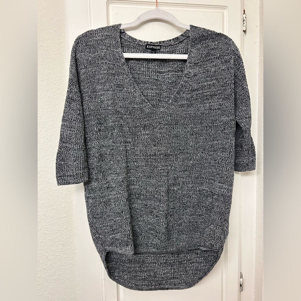Black White Express Sweater XS Knit Round Oversized 3/4 Sleeve